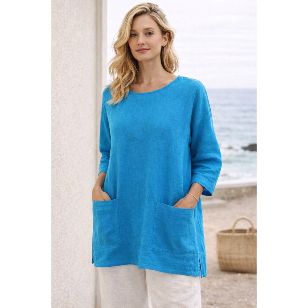Caroline Rose Linen Tunic XL Blue Coastal Resort Wear Pocket Top Made‎ USA